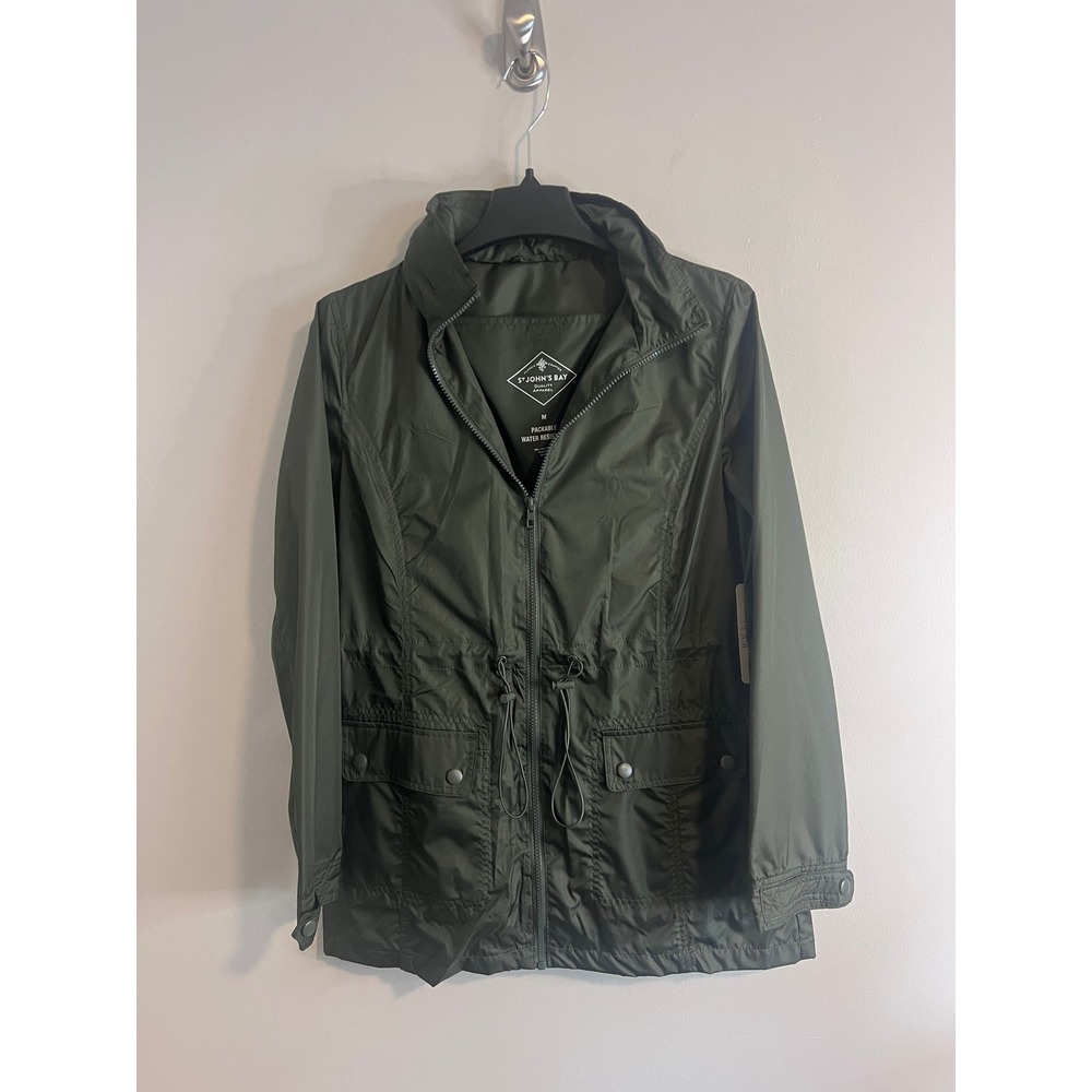 St John's Bay Womens Packable Water Resistant Jacket Laredo Green Medium NWT